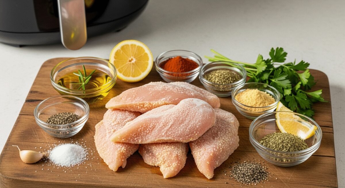 Hình ảnh minh họa cho bài viết: How to Cook Frozen Chicken Breast in the Air Fryer (Quick, Easy & Delicious!). Được tạo bởi AI với mô tả: A realistic photo for blog post about: Frozen Chicken Breast Air Fryer Ingredients