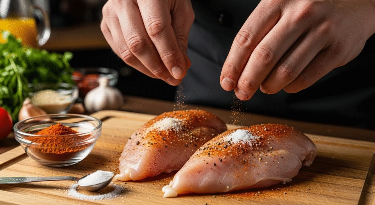 Hình ảnh minh họa cho bài viết: How to Cook Frozen Chicken Breast in the Air Fryer (Quick, Easy & Delicious!). Được tạo bởi AI với mô tả: Season the Chicken Combine garlic powder, paprika, onion powder, salt, and pepper. Sprinkle this mix