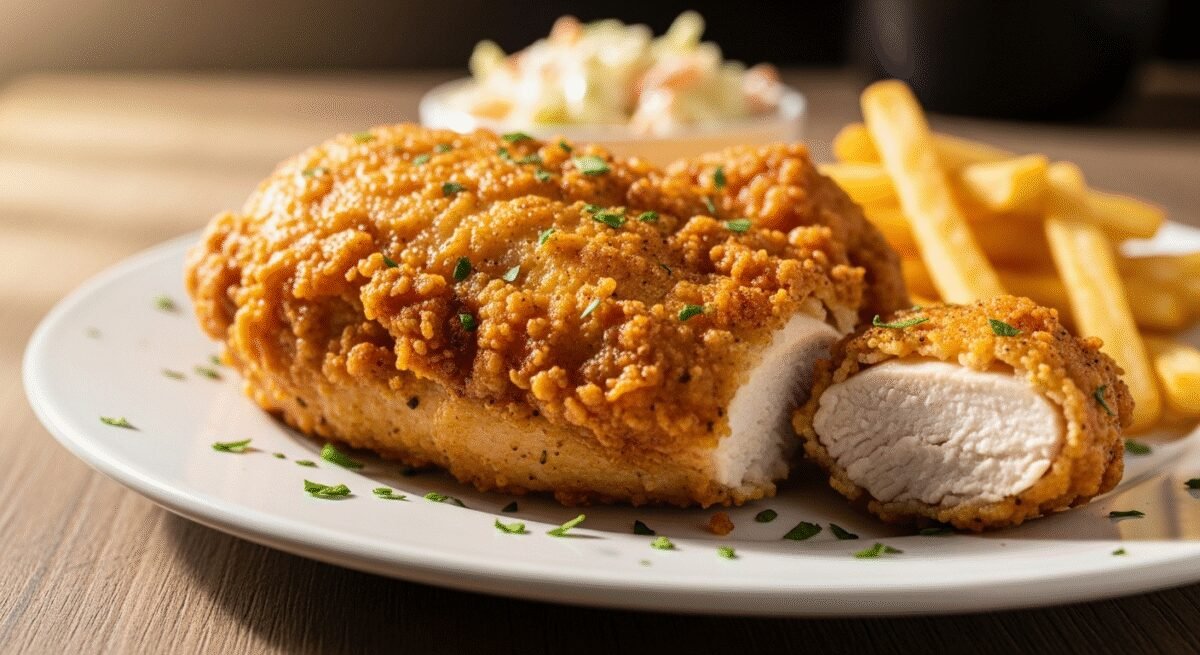 Hình ảnh minh họa cho bài viết: How to Cook Frozen Chicken Breast in the Air Fryer (Quick, Easy & Delicious!). Được tạo bởi AI với mô tả: Delicious Fryer Chicken Breast ready to serve